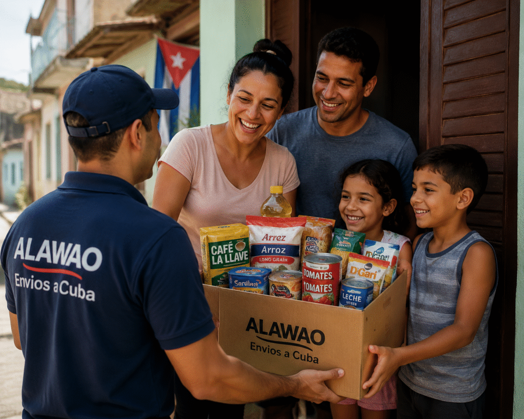 Familia recibiendo alimentos enviados a Cuba
